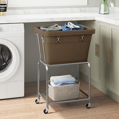 ELYKEN Rolling Laundry Hamper with Wheels, Laundry Cart with Removable Bag, Heavy Duty Metal Frame, 2-Tier Clothes Basket Hamper with Shelf for Closet, Bedroom, Bathroom, Laundry Room, Camel Brown