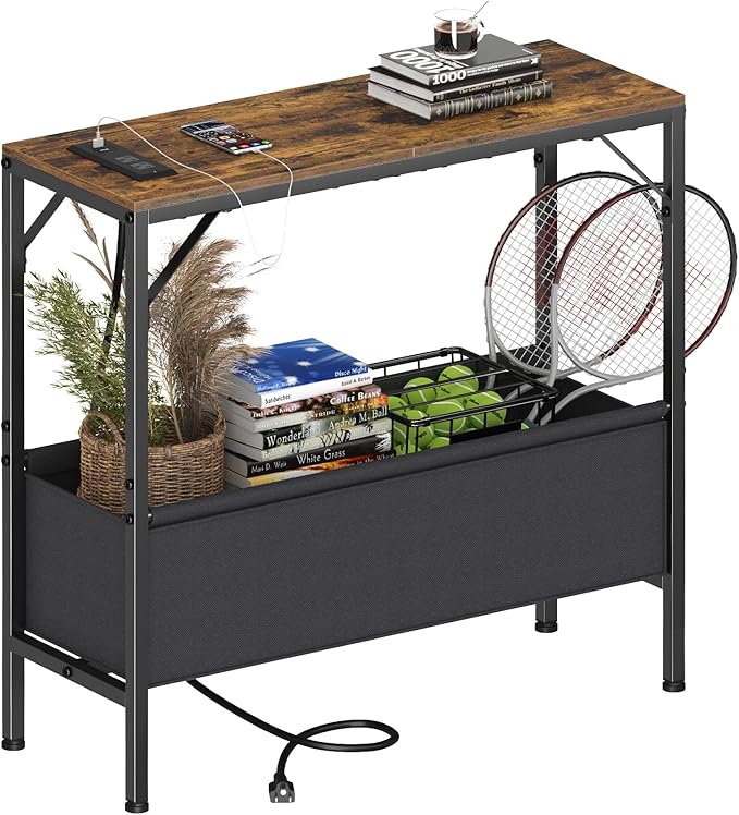 31.5" Console Table, 9.5" D Entryway Table with Power Outlets & USB Ports & Fabric Basket, Narrow Sofa Table for Hallway, Foyer, Living Room, Rustic Brown