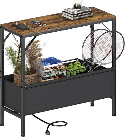 31.5" Console Table, 9.5" D Entryway Table with Power Outlets & USB Ports & Fabric Basket, Narrow Sofa Table for Hallway, Foyer, Living Room, Rustic Brown