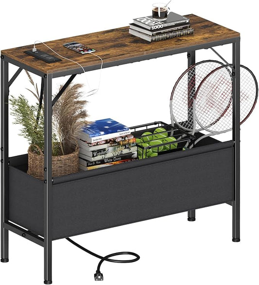 31.5" Console Table, 9.5" D Entryway Table with Power Outlets & USB Ports & Fabric Basket, Narrow Sofa Table for Hallway, Foyer, Living Room, Rustic Brown