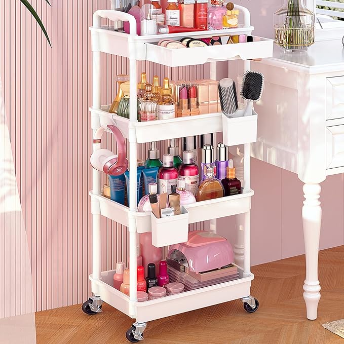Goovilla Rolling Makeup Organizer Cart with Removable Drawer, 4 Tier Stable White Floor Skincare Storage Cart for Vanity, Cosmetic Display, Nail Polish, Perfume, Hair Stuff, Beauty, Bathroom(Plastic)