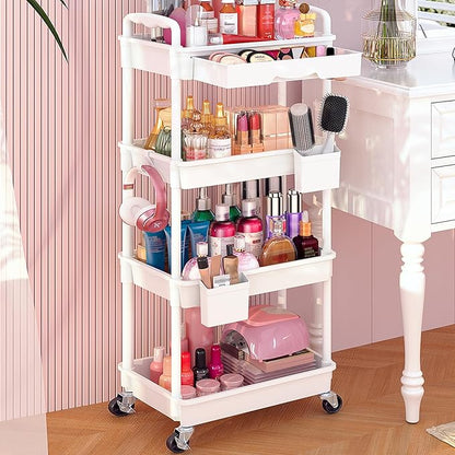 Goovilla Rolling Makeup Organizer Cart with Removable Drawer, 4 Tier Stable White Floor Skincare Storage Cart for Vanity, Cosmetic Display, Nail Polish, Perfume, Hair Stuff, Beauty, Bathroom(Plastic)