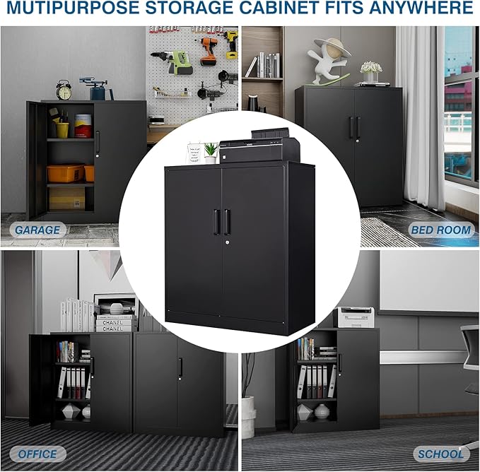 Metal Storage Cabinet with Lock, 36" Small Steel Locker Storage Cabinets, 2 Adjustable Shelves 2 Doors for Home, Office, Garage and Kitchen (Black)
