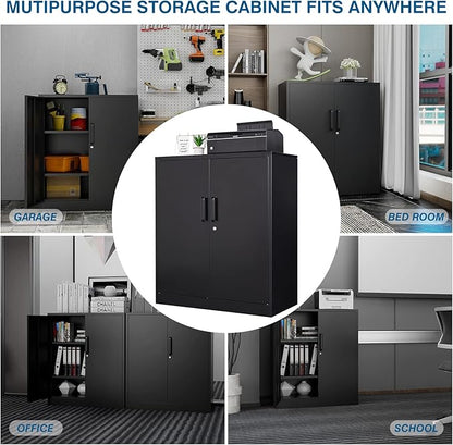 Metal Storage Cabinet with Lock, 36" Small Steel Locker Storage Cabinets, 2 Adjustable Shelves 2 Doors for Home, Office, Garage and Kitchen (Black)