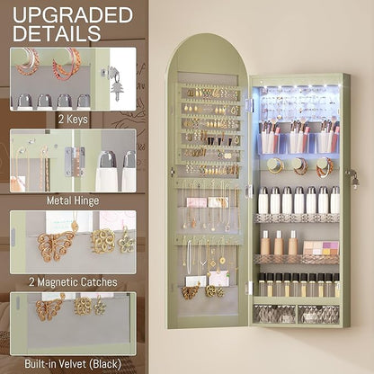 LVSOMT Wall Mounted Jewelry Organizer Lockable, Door Hanging Arched Mirror with Lights and Jewelry Storage, 6 LEDs Jewelry Cabinet (Laurel Green)
