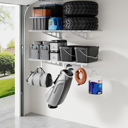 LEXIMOUNTS 2-Pack 2x4ft Garage Shelving with Hooks, 24-inch-by-48-inch Wall Shelf Garage Storage Racks Floating Shelves, White, Classic Series