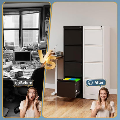 4 Drawer File Cabinet with Lock, Vertical Filing Cabinets for Home Office, Metal Storage Cabinets, Heavy Duty File Cabinet for Letter/Legal/A4/F4 Size Amsseble Required, Black
