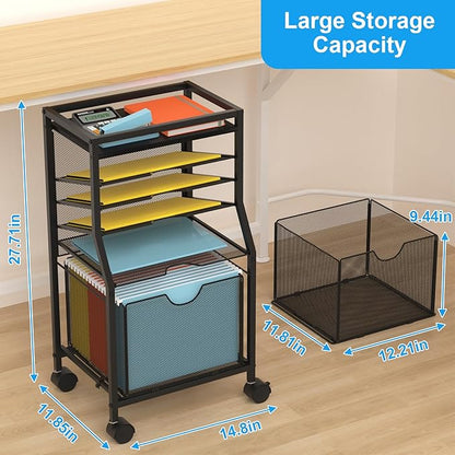 Rolling File Cart, 6-Tier Desk File Organizer on Lockable Wheels, Black Wood Planks & Mesh Sliding Hanging Folder Drawer, Organization Cart for Office Home School
