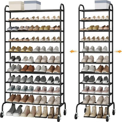 STO STO Expandable Shoe Rack, 10-Tier Metal Tall Shoe Rack for Garage, Up to 44 Pairs Adjustable Shoe Rack Storage for Front Door Entrance, Free Standing Shoe Rack Organizer for Entryway, Black