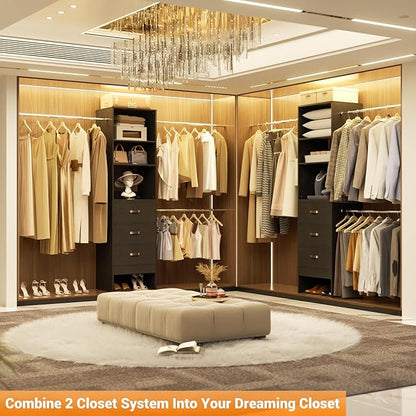 Homieasy 96 Inches Closet Organizer System, 8FT Customizable Walk In Closet Organizer with Hanging Rods, 3 Drawers Garment Rack with Leather Handle , 96" L x 16" W x 75" H, Max Load 1000 LBS, Black