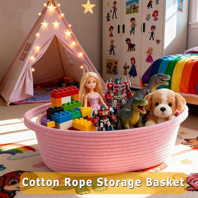 Christmas Baskets for Gifts Empty, Small Woven Basket with Gift Bags & Ribbons, Empty Gift Baskets for Thanksgiving Baby Shower, Cute Nursery Storage Organizer Pet Toy Box 12"X 8" X 5 (Pink, 2 Pack)