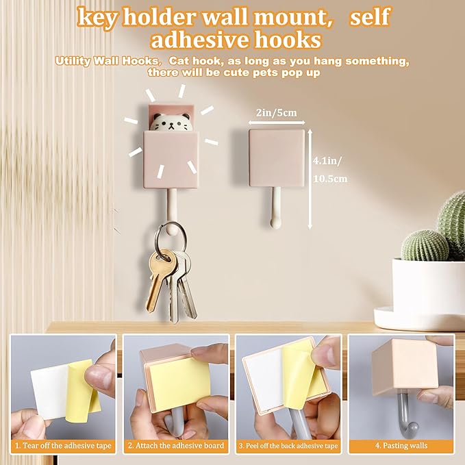 6Pcs Cute Creative Cat Coat Hook for Wall and Door-Max Load 10LB,Utility Heavy Duty Adhesive Wall Hook Mount for Coat, Towel,Scarf, Hat, Robes,Key and Other Items,Kawaii Room Decorative Hooks