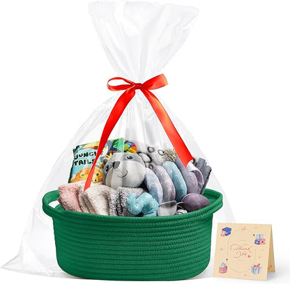 Small Woven Green Gifts Basket for Storage Empty with Ribbons and Bags Durable Cute Gifts 12"X 8" X 5" Small Rope Basket for Gifting