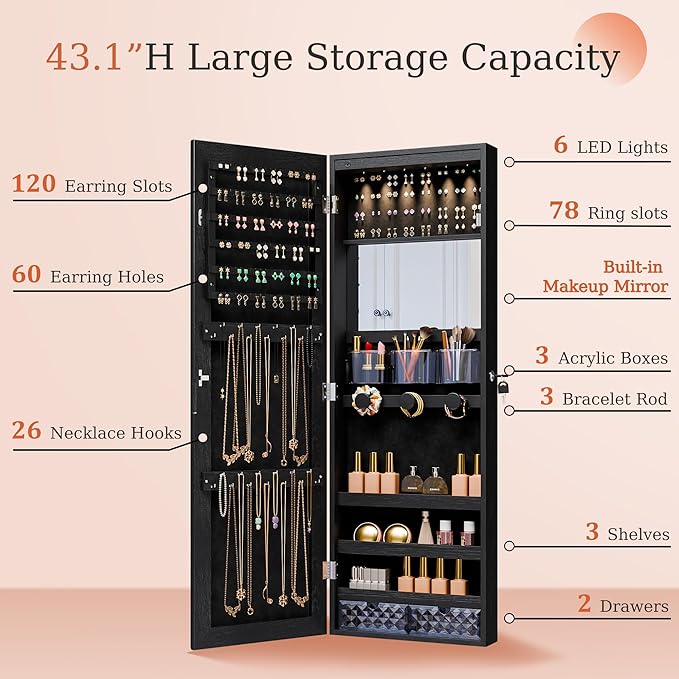 Mirror Jewelry Cabinet,Lockable Wall or Door Mounted Jewelry Armoire Organizer With Built-up Mirror,LED Lights, Drawers,Cosmetic Trays,Shelves, 14.4"x3.15"x 43.1"（Black）