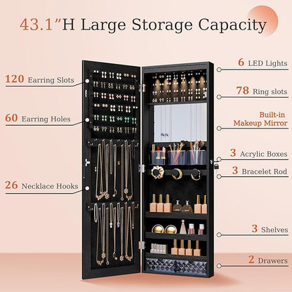 Mirror Jewelry Cabinet,Lockable Wall or Door Mounted Jewelry Armoire Organizer With Built-up Mirror,LED Lights, Drawers,Cosmetic Trays,Shelves, 14.4"x3.15"x 43.1"（Black）