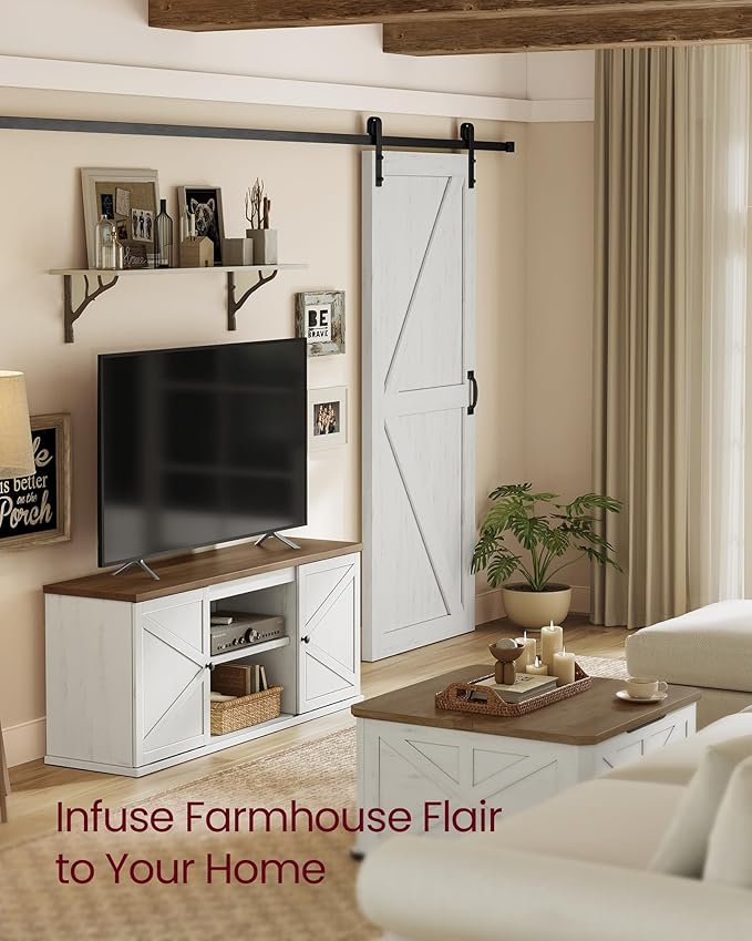 VASAGLE Farmhouse TV Stand for TVs up to 65 Inches, Entertainment Center with Storage Cabinets and Sliding Barn Doors, Media Console Table for Living Room, Rustic White and Honey Brown ULTV535W01