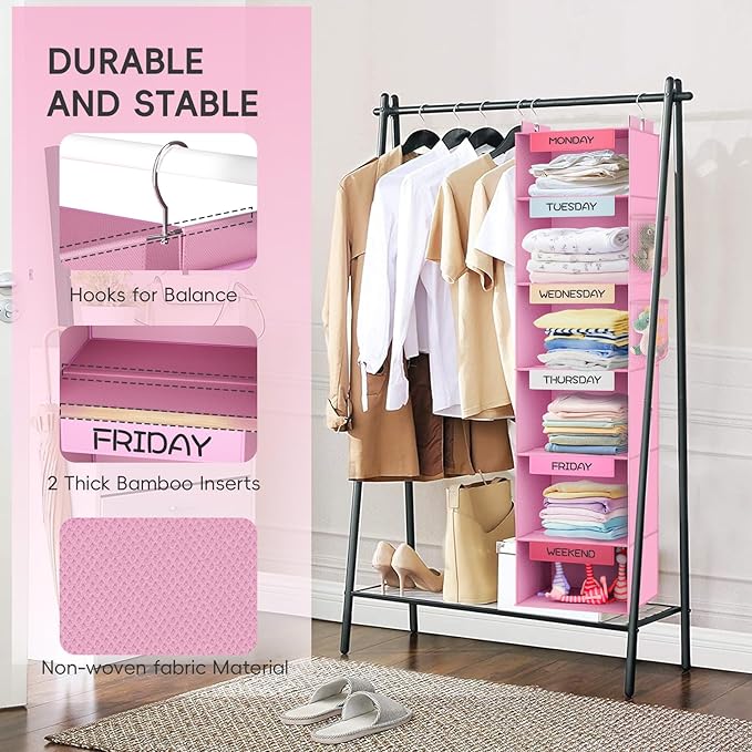 VERONLY Weekly Hanging Closet Organizer for Kids, 6-Shelf Clothes Storage with Labeled Days of The Week Monday Through Friday, Weekday and Weekend, Days of The Week Clothes Organizer