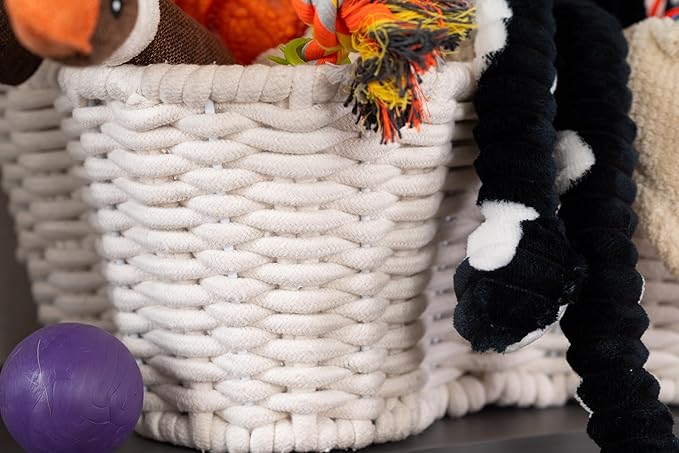 Dog Toy Basket, Handmade Dog Toy Bin, Bone Shaped Pet Organizer, Cat Storage Box (Cotton Rope, 17x13in)