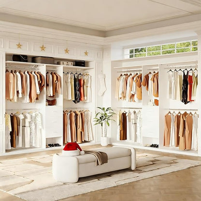 LINLUX 8FT Closet System 94'' Closet Organizer with 3 Drawers,4 Extendable Hanging Rods,Wood Closets Built In System Tower with Adjustable Shelves,Walk-in Closets Wardrobe Clothes Garment Rack(White)