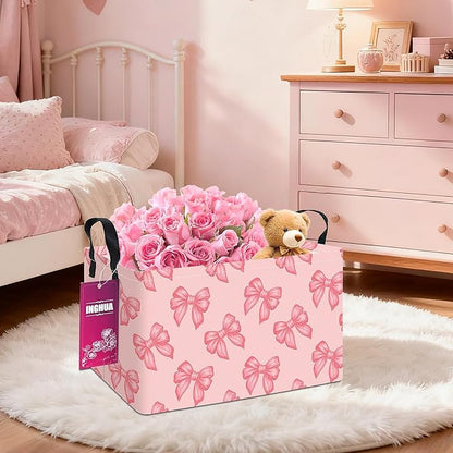 Rectangular Storage Basket Fabric Organizer Bin for Toys,Books,Clothes,Gifts,Pets-Perfect for Home,Office,Nursery,Dorm,Shelf(Rec-Pink bowknots )
