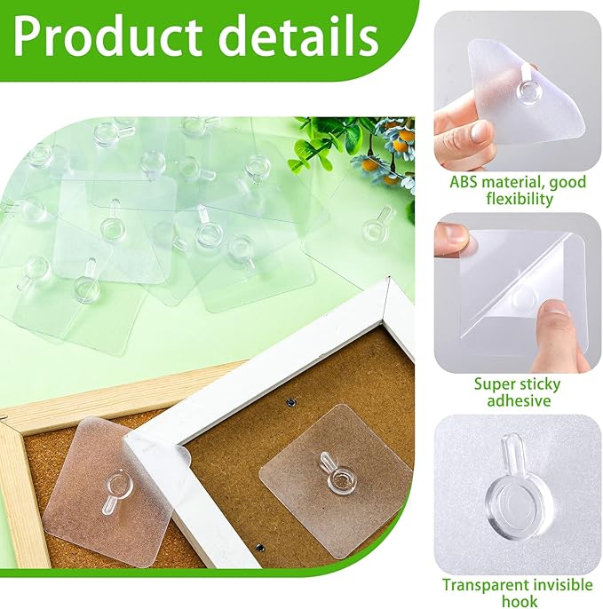 Wenqik 30 Pcs Adhesive Picture Hanger Foamboard Picture Hanging Hooks Without Nails Plastic Sticky Photo Hooks for Home Wall Art Photo Frame Bathroom Closet (Transparent Style)
