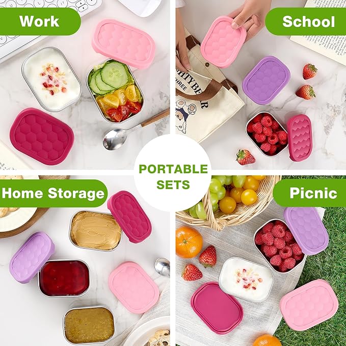 3 Pack Stainless Steel Snack Containers for Kids, 8 oz Easy Open Leak Proof Small Toddler Snack Containers with Silicone Lids, Stackable Metal Lunch Box for Daycare and School (Pink)