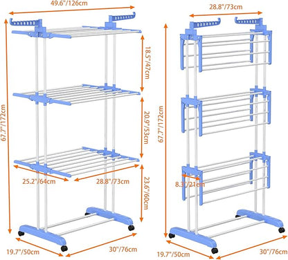HOMIDEC Clothes Drying Rack, Large 4-Tier Foldable Drying Rack Clothing (67.7H x 19.7W x 30L Inches), Movable with 4 Castors. Multifunctional Stainless Steel Laundry Drying Rack, Blue