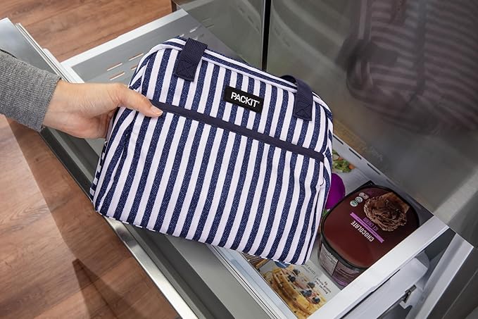 PackIt® Freezable Hampton Lunch Bag, Seaside Stripe, Built with EcoFreeze® Technology, Collapsible, Reusable, Zip Closure with Front Pocket and Shoulder Straps, Designed for Fresh Office Lunches