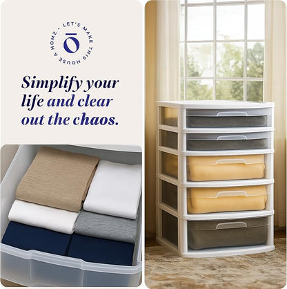 HOMZ Drawer Tower, 5-Tier Extra-Wide Clear Plastic Storage Organizer Cart, White Frame - Organizing Containers for Home, Office, Bathroom, Bedroom, and Classroom