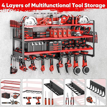 Upgrade Large power tool organizer Wall Mount,4 Layers Heavy Duty Metal Loads 400lbs Power Tool Hanger Shelf Battery Storage with 8 Cordless Drill Bit Holder,Utility Racks for Garage Tool Room