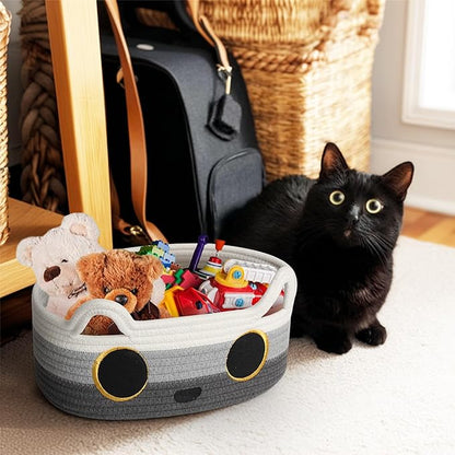 Cat Toy Basket, Small Woven Cat Toy Storage Box with Cute Ear Handle Indoor, Cotton Rope Storage Bin with Embroidered Face for Home Decor, Pet Bed, Nursery Kids Room Organization, 3-tone Gray