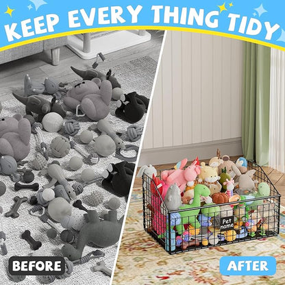 Indestructible Dog Toy basket, Large Toy Bin for Dogs,Pet Toy Bin Dog Metal Basket Organizer Storage for Toys Food Storage (Black)