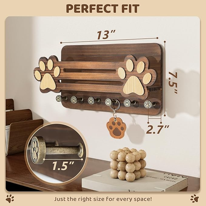 MTERSN Decorative Dog Leash Holder for Wall - Dog Accessories Organizer with Floating Shelf and 6 Key Hooks – Key Holder Wall Mount for Cute Stuff & Rustic Home Decor (Brown)