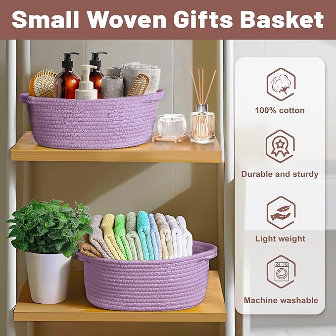 Small Woven Purple Gifts Basket for Storage Empty with Ribbons and Bags Durable Cute Gifts 12"X 8" X 5" Small Rope Basket for Gifting
