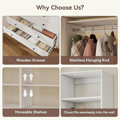 47" High Modular Closet Organizer System with 2 Hanging Rails,Closet Shelves& Wall Mount Shelving, Walk in Closet Bedroom Organization, Built in Clothes Storage, Closet Organizers and Storage, White