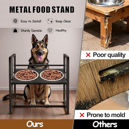 Elevated Dog Bowls 4 Height Adjustable Metal Pet Food Feeder Stand with 2 Stainless Steel Bowl Raised Dogs Feeding Station with Non-Slip Mats Black (Black, Without Feeding Mat)