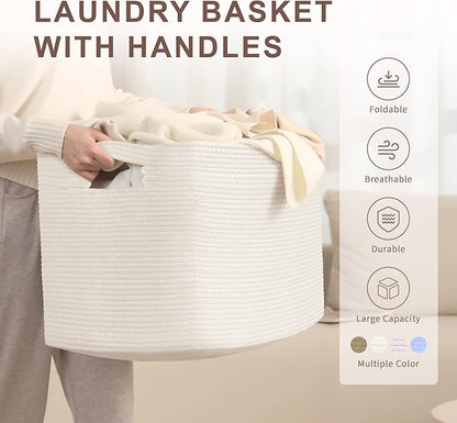 100L Extra Large Baby Girls Laundry Basket for Nursery Storage,Cute Woven cotton Rope Baskets for Kids Toy，Gifts, Boho Square Wicker Blanket hamper for Living Room,Bedroom Dirty Clothes, White