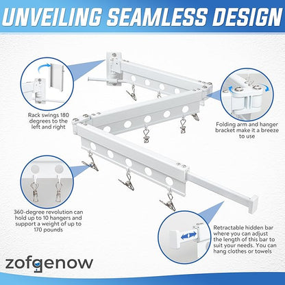 Clothes Drying Rack Wall Mounted, Retractable Space-Saving Aluminum Foldable Laundry Drying Rack for Indoor & Outdoor Use - Laundry Rooms, Bathroom & Balconies,Includes 10 Clothespins(White)