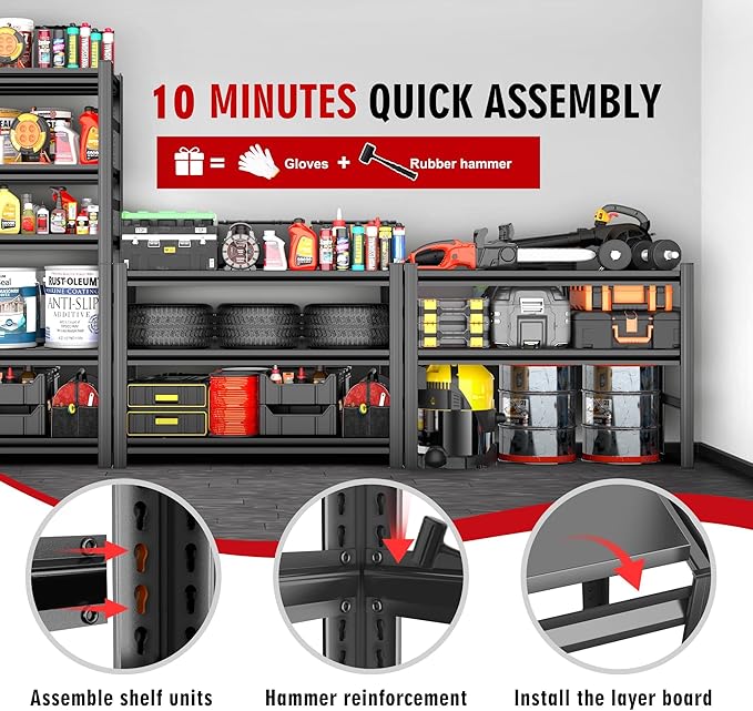 Metal Garage Shelving Unit,Heavy Duty 5-Tier Adjustable Storage Shelves,3000 lbs Capacity,Industrial Shelves for Heavy Tools and Equipment,for Garage,Basement (Black, 47.2" Wx18 Dx78 H)