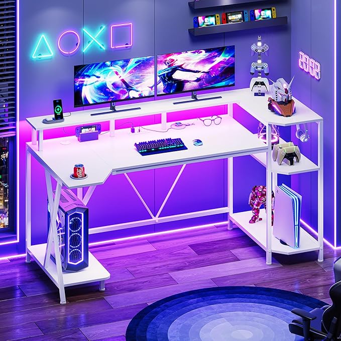 SEDETA White Gaming Desk 55'' with LED Lights and Storage Shelves, Computer Desk with Monitor Stand, Power Outlets and Cup Holder, Large PC Gamer Desk, Gaming Table for Bedroom, Living Room