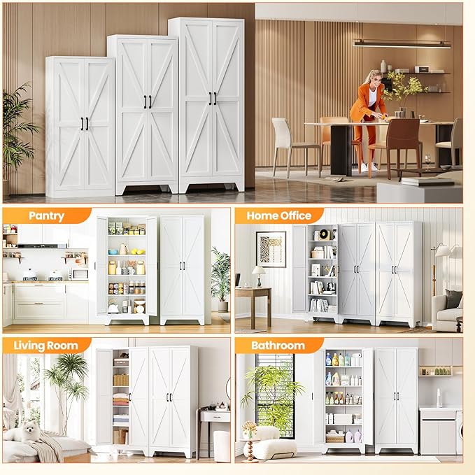 Metal White Storage Cabinet with 2 Doors and 4 Adjustable Shelves,72" Tall Kitchen Pantry cabinets,Farmhouse Food Pantry Cabinet,5 Tier Freestanding Barn Door Cupboard for Kitchen Dining/Living Room