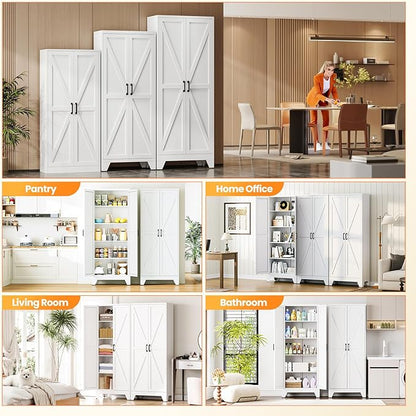 Metal White Storage Cabinet with 2 Doors and 4 Adjustable Shelves,72" Tall Kitchen Pantry cabinets,Farmhouse Food Pantry Cabinet,5 Tier Freestanding Barn Door Cupboard for Kitchen Dining/Living Room