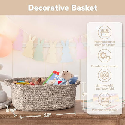 CHICVITA Storage Basket for Gifts, Small Gift Basket for Nursery Toy Organizer, Decorative Cotton Rope Baskets with Handles for Shelves, Closet, 13 x 9.8 x 5 inches, Brown