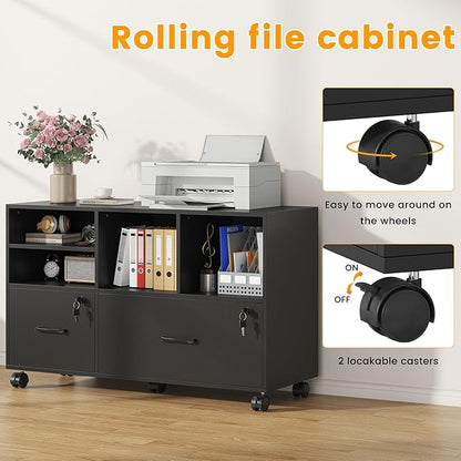 2 Drawer Wood Mobile Large Lateral File Cabinet, Lockable Rolling Filing Cabinet with Storage Shelves, Printer Stand Office Storage Cabinet for Home Office Fits Files Legal/A4, Black