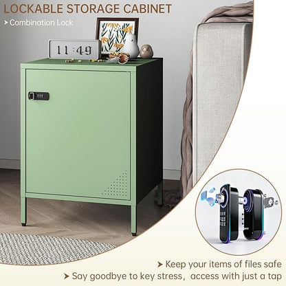 Locker Nightstand Metal End Table Single Door Bedside Cabinet Lockable Storage Cabinet for Living Room, Bedroom, Dorm,Home, Office 21.26”H X 15.75”W X 15.75”D (1 Door, Green)