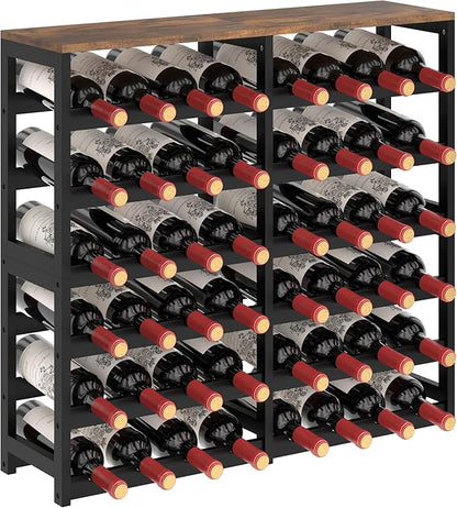 6 Tier Bamboo Wine Rack Freestanding Floor, 48 Bottles Wine Storage Shelves with Table Top, Stackable Wine Display Rack for Kitchen, Bar, Dining Room (Rustic Brown and Black, 48 Bottles)