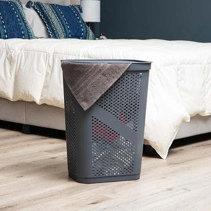 Mind Reader 60L Slim Laundry Hamper, Clothes Basket, Lid, Ventilated, Plastic, Set of 2, Gray