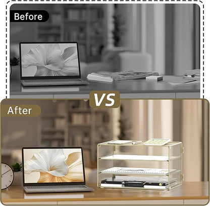 DALTACK 3 Tier Letter Tray Paper Organizer Mesh Metal Desk File Organizer for Home & Office, Golden Yellow