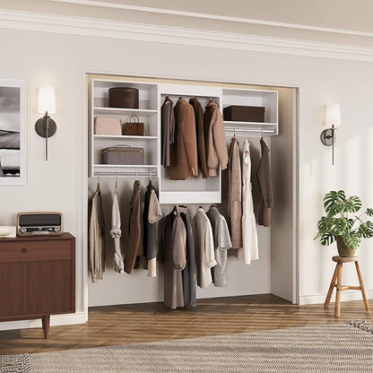 ROOMTEC Modular Closet System, 60" Closet Organizer with Hanging Rods, Wall-Mounted Wooden Tower for Walk-In Closets, Wardrobe Storage Kit, White
