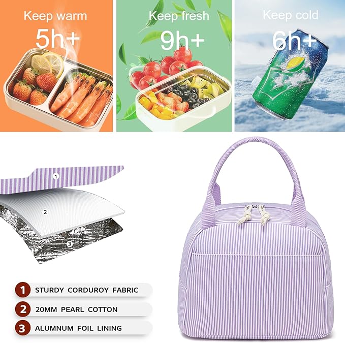 Bluboon Lunch Bag for Women Men Cute Corduroy Lunch Tote Bags Reusable Insulated Lunch Box Large Capacity Reusable Insulated Cooler for Work Picnic or Travel